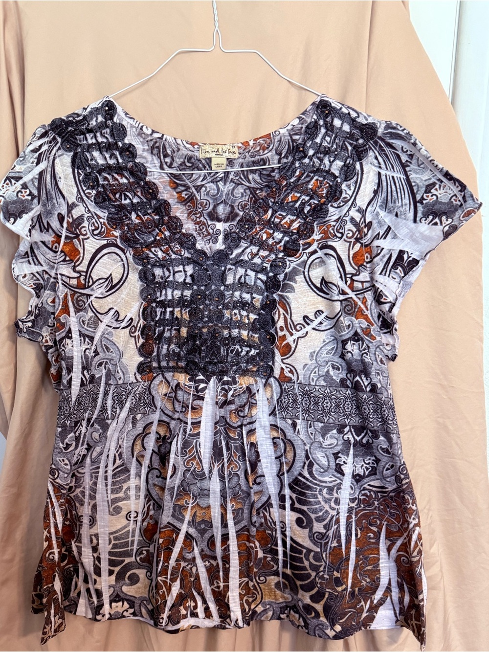 live and let live Crochet-Trim Boho Top in Brown, Gray & White